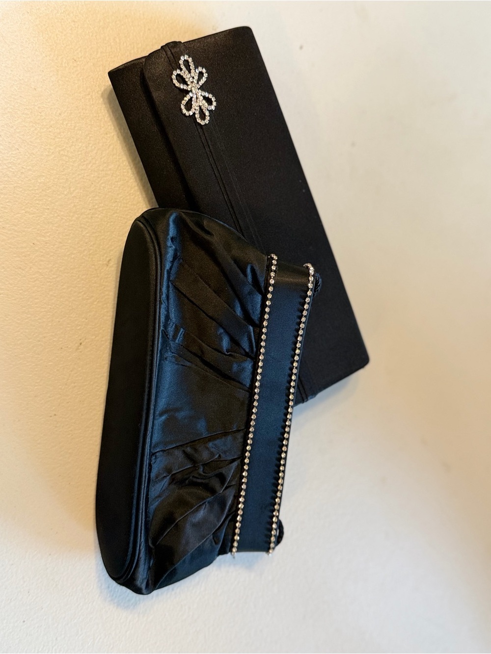 2 Black Satin Evening Clutch with Rhinestone